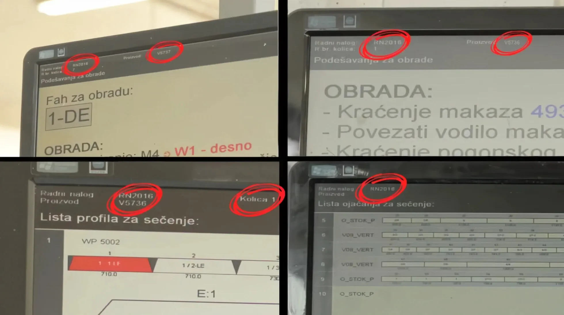 Četiri monitora ControlCenter-a na radnim mestima: radni nalog RN2016, proizvod i broj kolica; fah za obradu 1-DE; spisak obrada; lista profila i lista ojačanja za sečenje